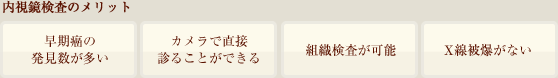 内視鏡検査のメリット。早期癌の発見数が多い。カメラで直接診ることができる。組織検査が可能。X線被爆がない。